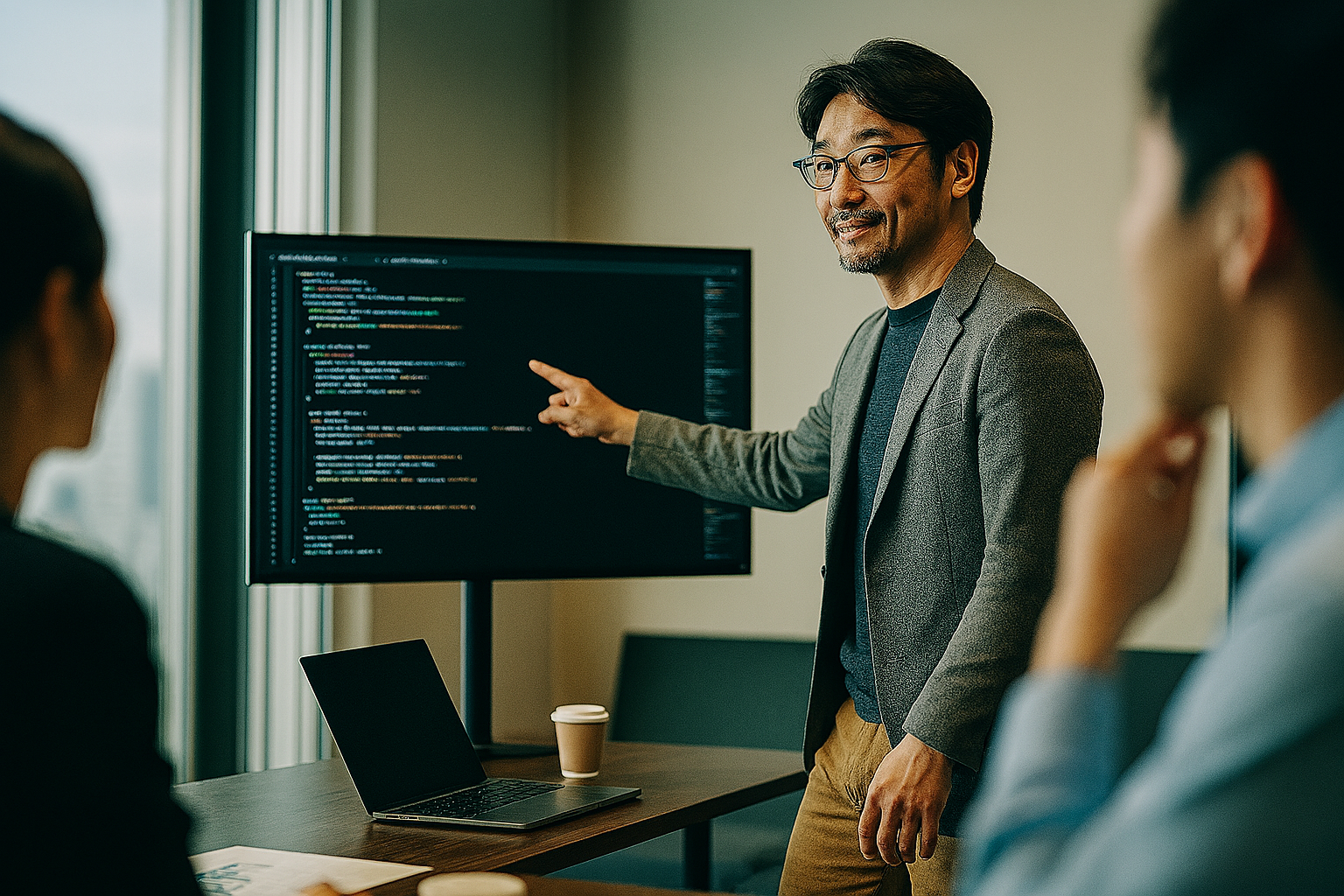 「技術×マネジメント」を表現するため、コードが表示された画面を指差しながら、チームメンバーと対等かつリーダーシップを持って対話しているシーンです。