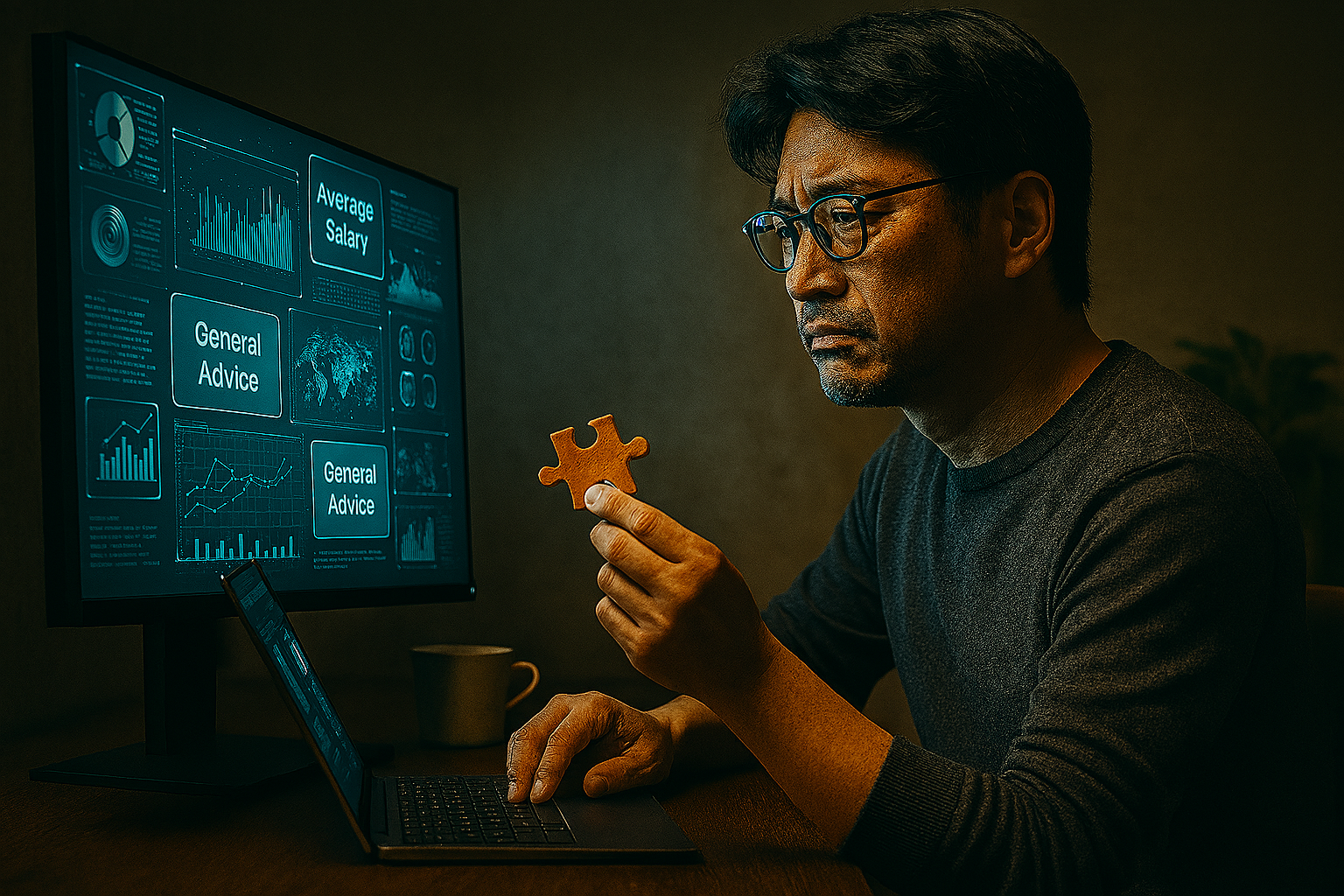 インターネット上の膨大な情報に埋もれ、自分に合う答えが見つからず困惑している様子を描きます。