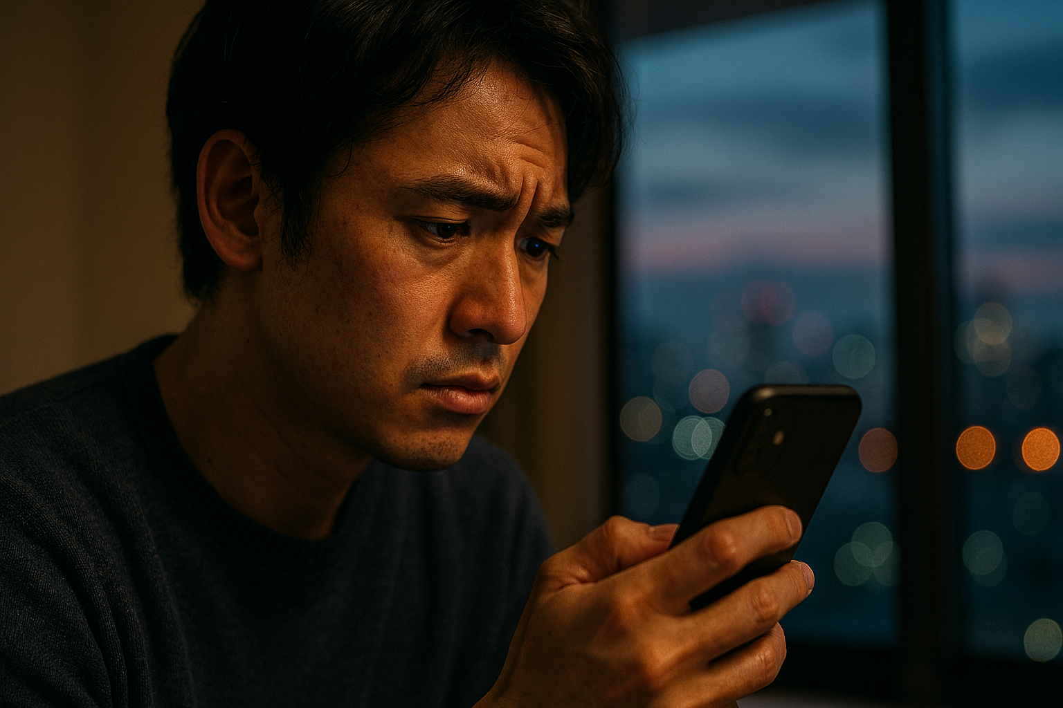窓辺や夕暮れ時、スマホの画面を見つめる横顔。孤独感や「誰にも相談できない」悩みを演出。