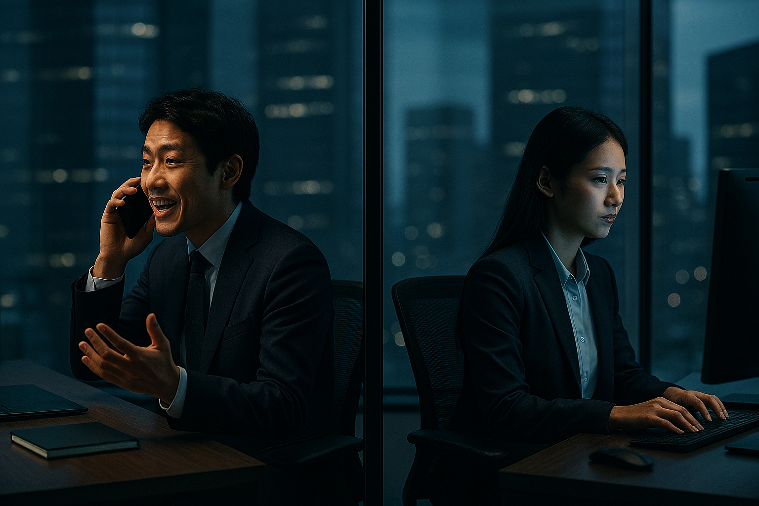 同じオフィス内にいるが、ガラスの壁やパーティションで仕切られ、背中合わせでパソコンに向かっている2人のビジネスパーソン。お互いの顔が見えず、コミュニケーションが遮断されている冷たい雰囲気。