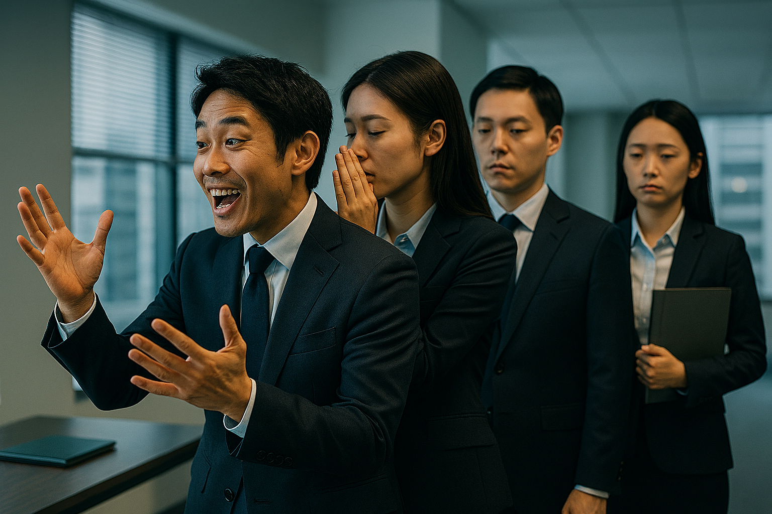 横一列に並んだ3〜4人のビジネスパーソン。一番手前の人（企業側）は情熱的な表情で叫んだりジェスチャーをしているが、後ろに行くにつれて表情が無機質になり、最後の人（求職者への伝達者）は無表情で書類を見ている。情報の「温度」が下がっていく様子。