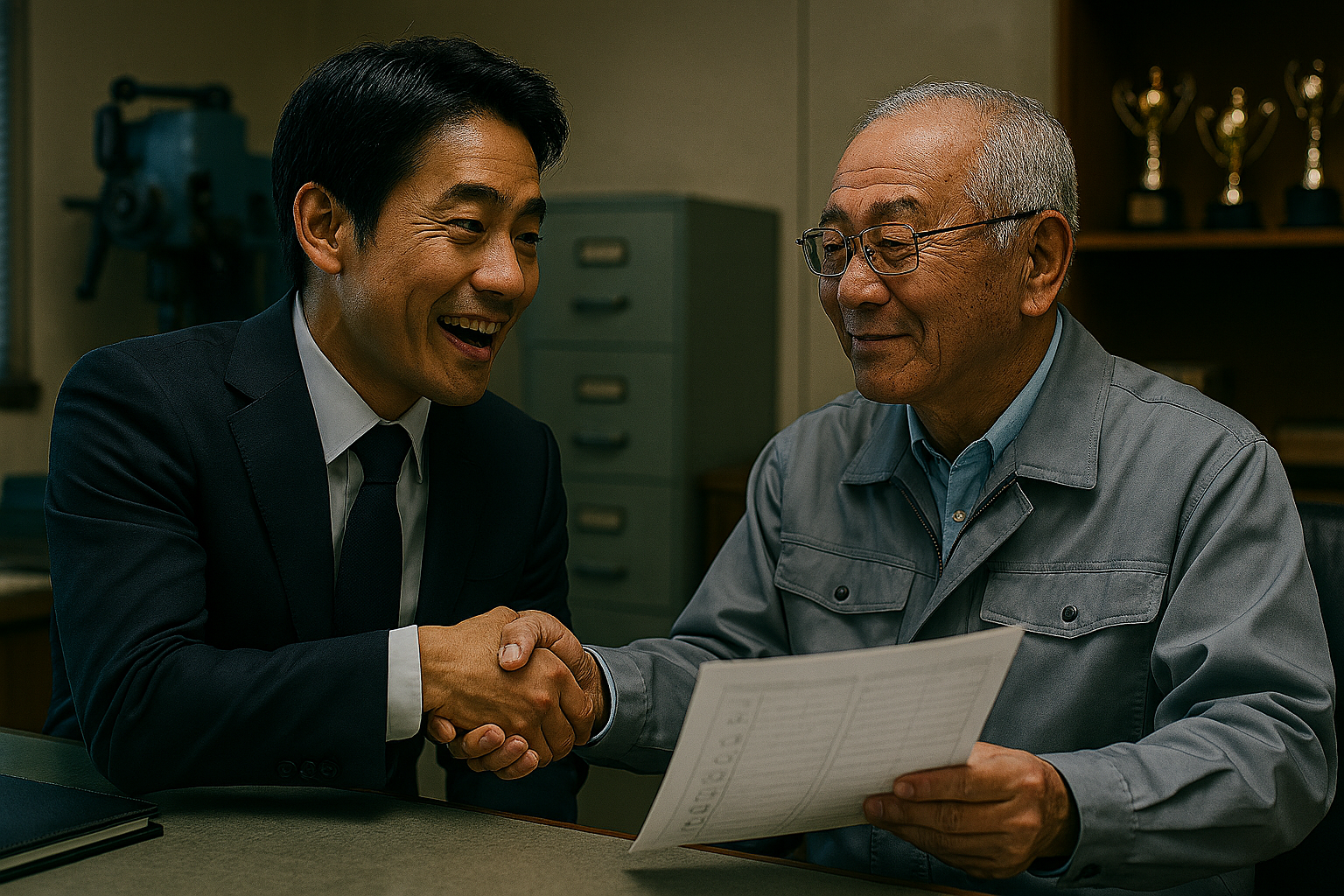 地方の工場や社長室で、ベテランの社長とスーツ姿のコンサルタントが親しげに、かつ真剣に話し合っている。机の上には図面や製品が置かれ、現場感がある。「この社長の想いを私が直接聞いてきました」という証拠写真のような構図。