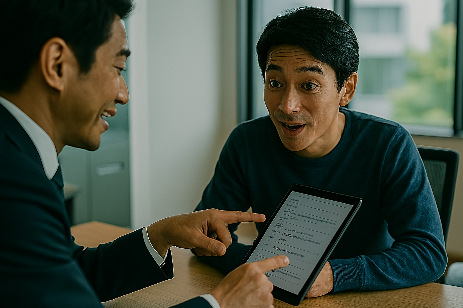 カフェや面談室で、コンサルタントが身を乗り出して話している。手にはタブレットやメモ帳。「実は社長、こう言ってたんですよ」と話し、求職者が「えっ、そうなんですか！」と驚きつつ喜んでいる表情。発見と納得の瞬間。