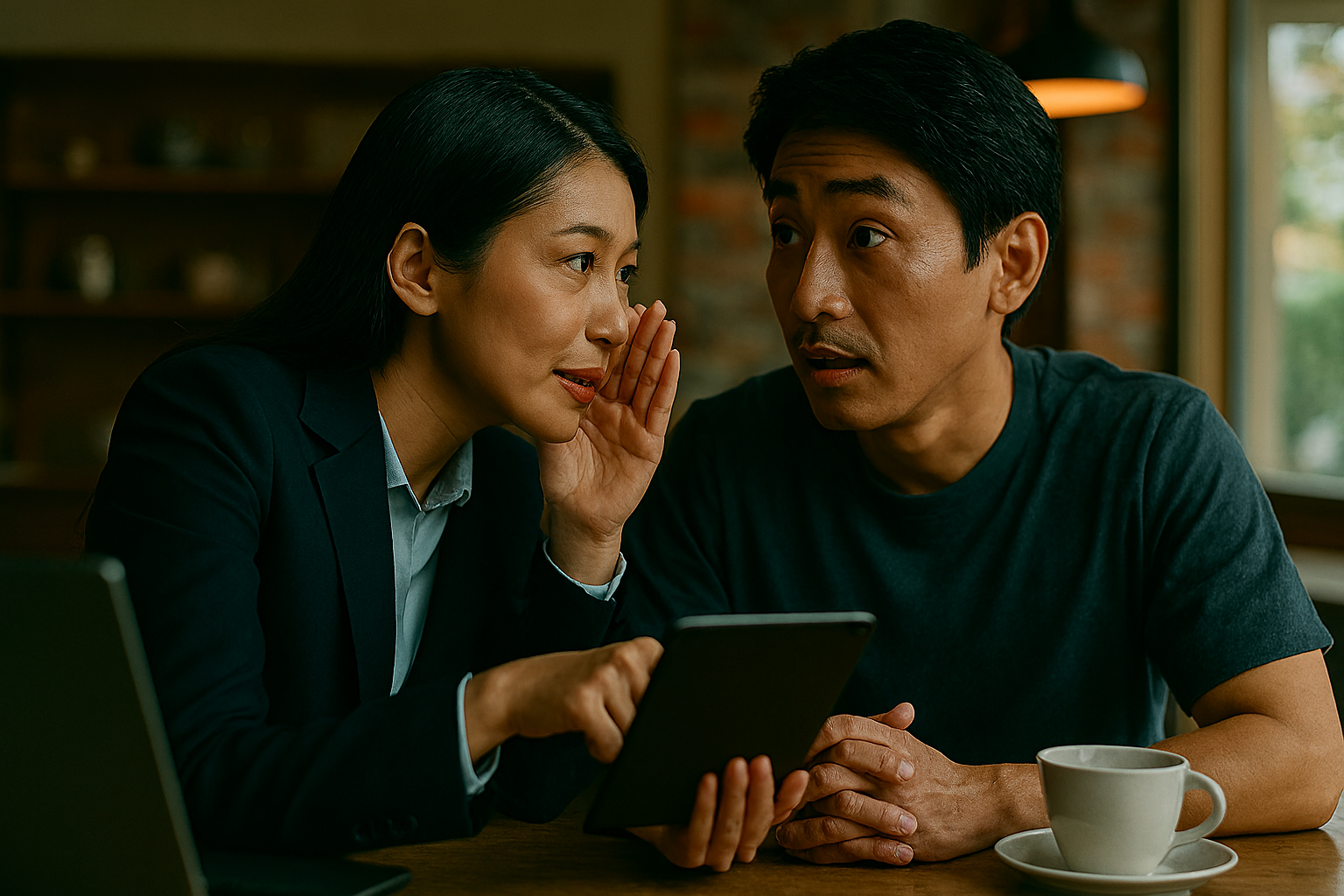 カフェや面談ブースで、コンサルタントが少し声を潜めるように身を乗り出し、手で口元を少し隠したり、「ぶっちゃけ話」をする時のジェスチャーをしている。求職者は「えっ、そうなんですか？」と聞き入っている。秘密の共有。