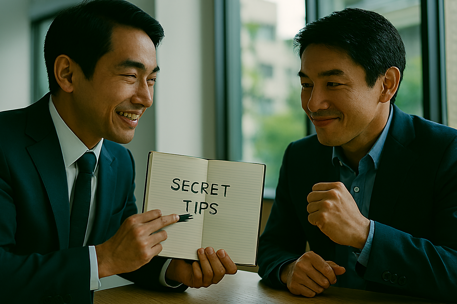 面接に向かう直前のロビーやラウンジ。コンサルタントが手帳やメモを見せながら、「社長にはこの話題で攻めてください」と具体的な指示を出している。まるでスポーツのコーチと選手のような、「勝てる！」という自信に満ちた雰囲気。