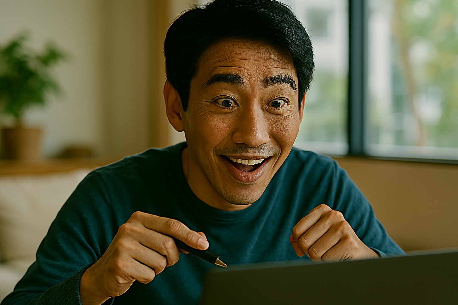 PC画面やスマホを見ながら、オンライン相談を受けている求職者。「えっ、いいんですか？」「すごい！」と、期待以上の情報を聞いて笑顔になっている。背景は明るいリビングやカフェ。未来が開けた感覚。