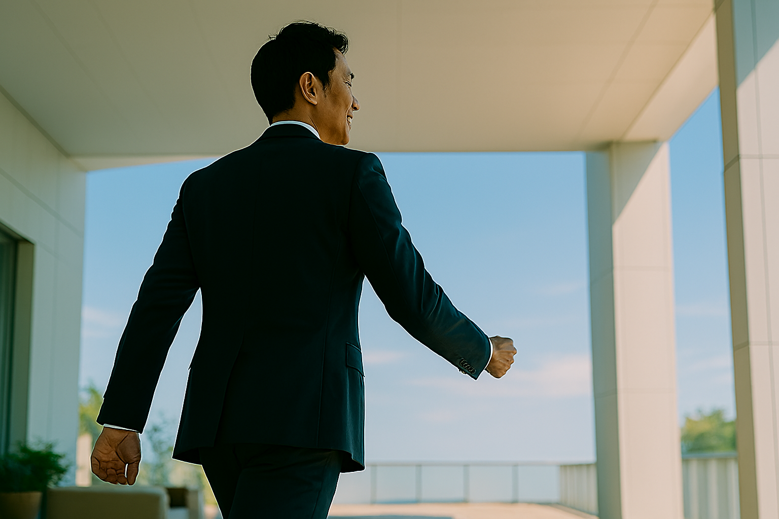 スーツ姿のビジネスパーソンが、光の差す方向へ向かって歩き出している後ろ姿、または横顔。迷いが晴れて、足取りが軽い様子。「情報の最前線へ踏み出す」という一歩を表現。