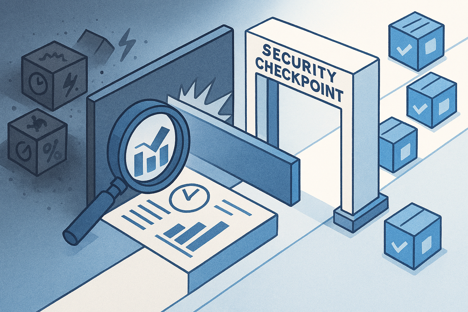 巨大な「セキュリティゲート（フィルター）」が、ブラック企業をブロックしている様子